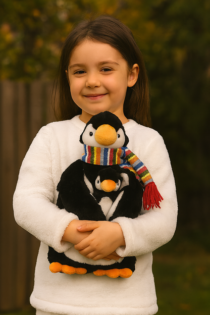 Plüsch-Pinguin mit buntem Ringelschal und roten Fransen, Kind hält ihn an der Brust