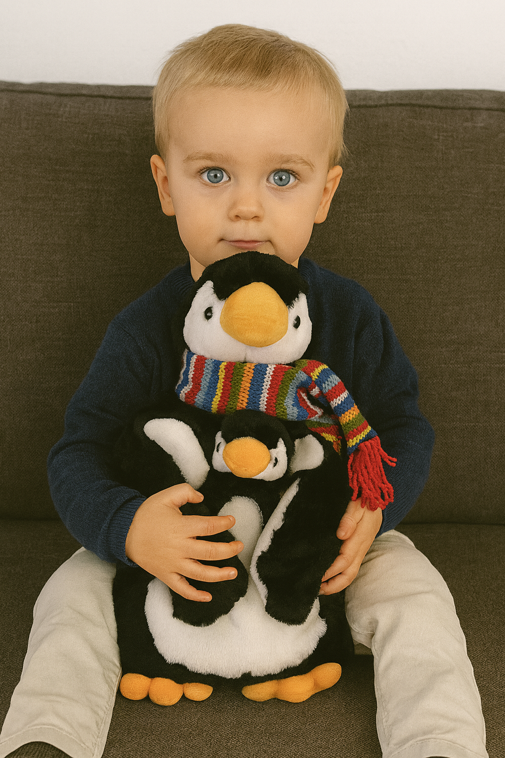 Plüsch-Pinguin mit buntem Ringelschal und roten Fransen, von Kleinkind gehalten
