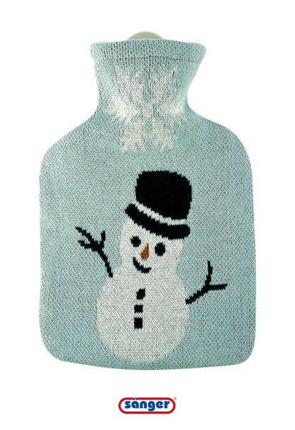 Sänger Wärmflasche mit Schneemann-Strickbezug, hellblauem Stoff