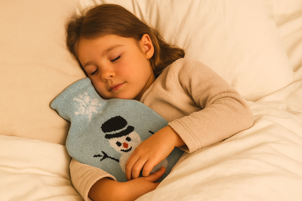 Wärmflasche mit Schneemann-Strickbezug, hellblau; Kind schläft mit der Wärmflasche