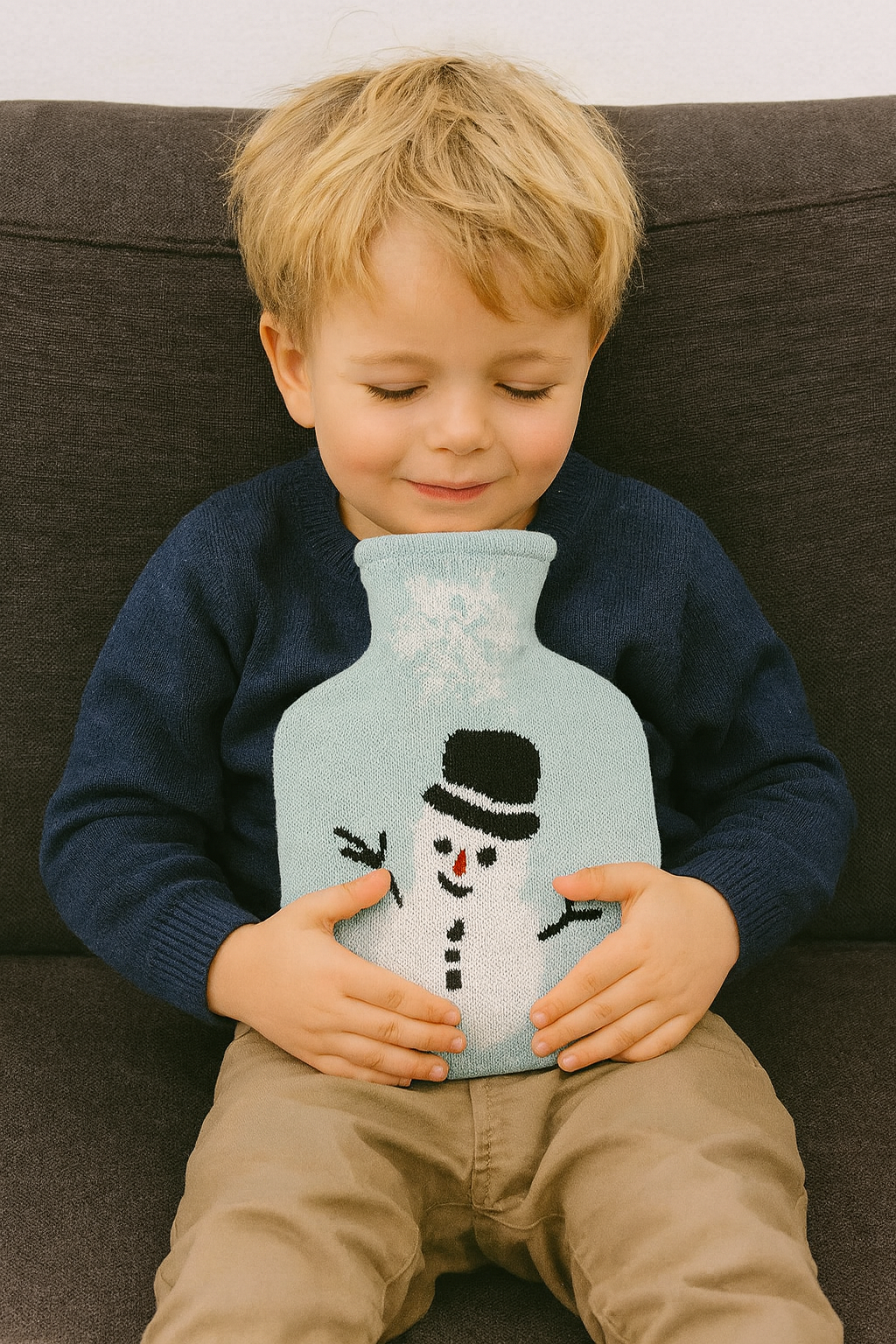 Wärmflasche mit Schneemann-Strickbezug, hellblau; Kind sitzt und hält sie
