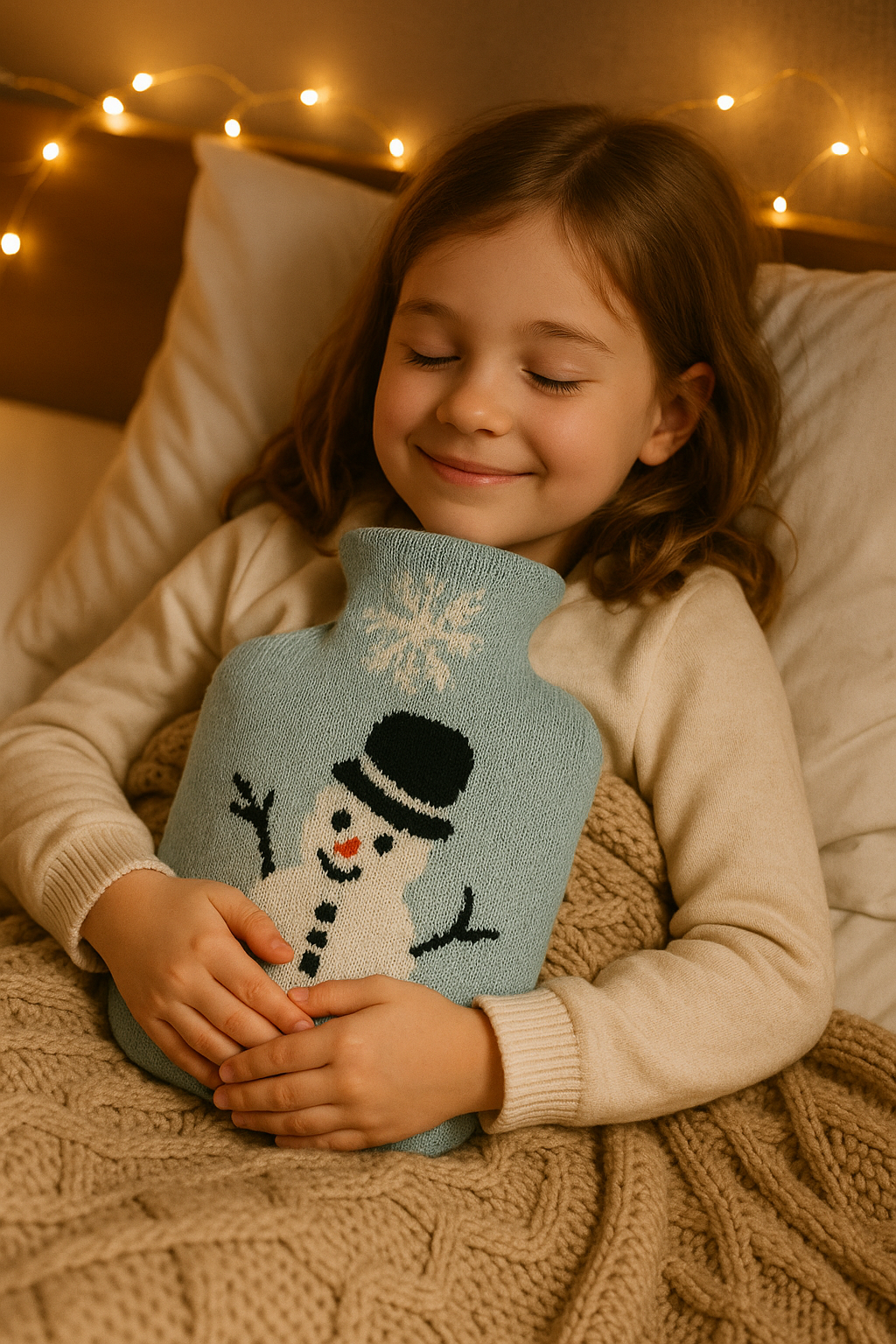 Wärmflasche mit Schneemann-Strickbezug, hellblau; Kind hält sie im Arm