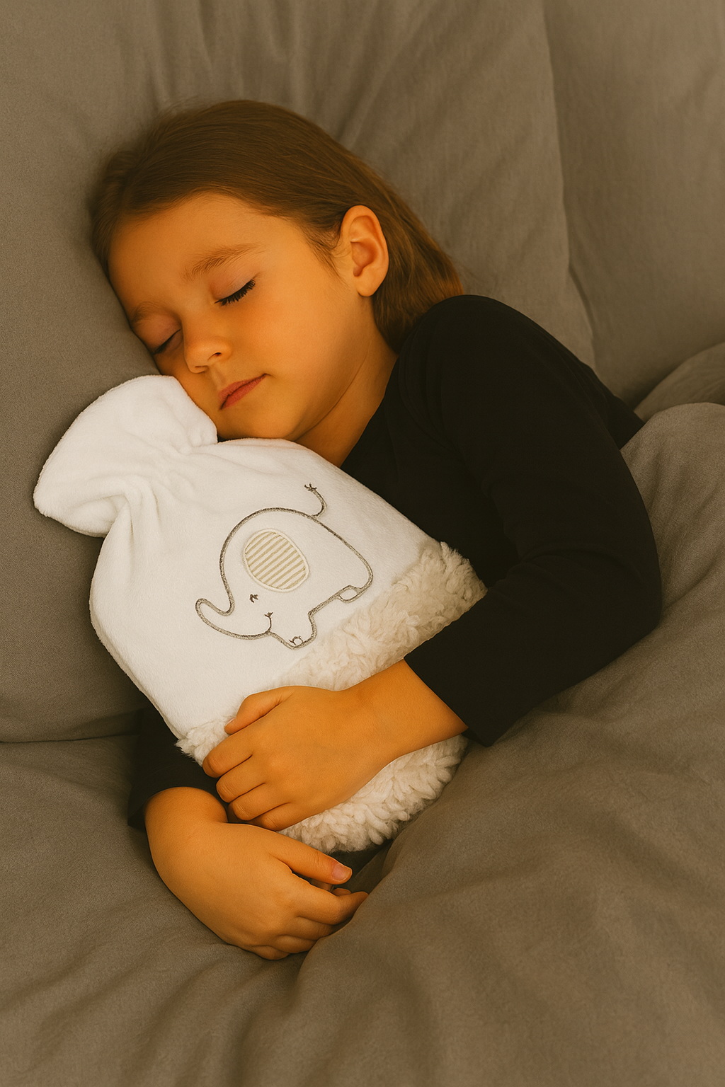 Wärmflasche mit Elefant-Motiv „Jala“, weißer Veloursbezug mit Plüschumrandung