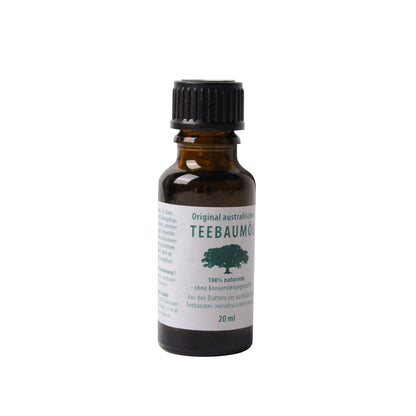 Teebaumöl-Flasche 20 ml, bernsteinfarbenes Öl, schwarzer Schraubverschluss