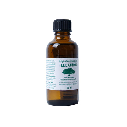 Teebaumöl-Flasche 50 ml, bernsteinfarbenes Öl, schwarzer Schraubverschluss
