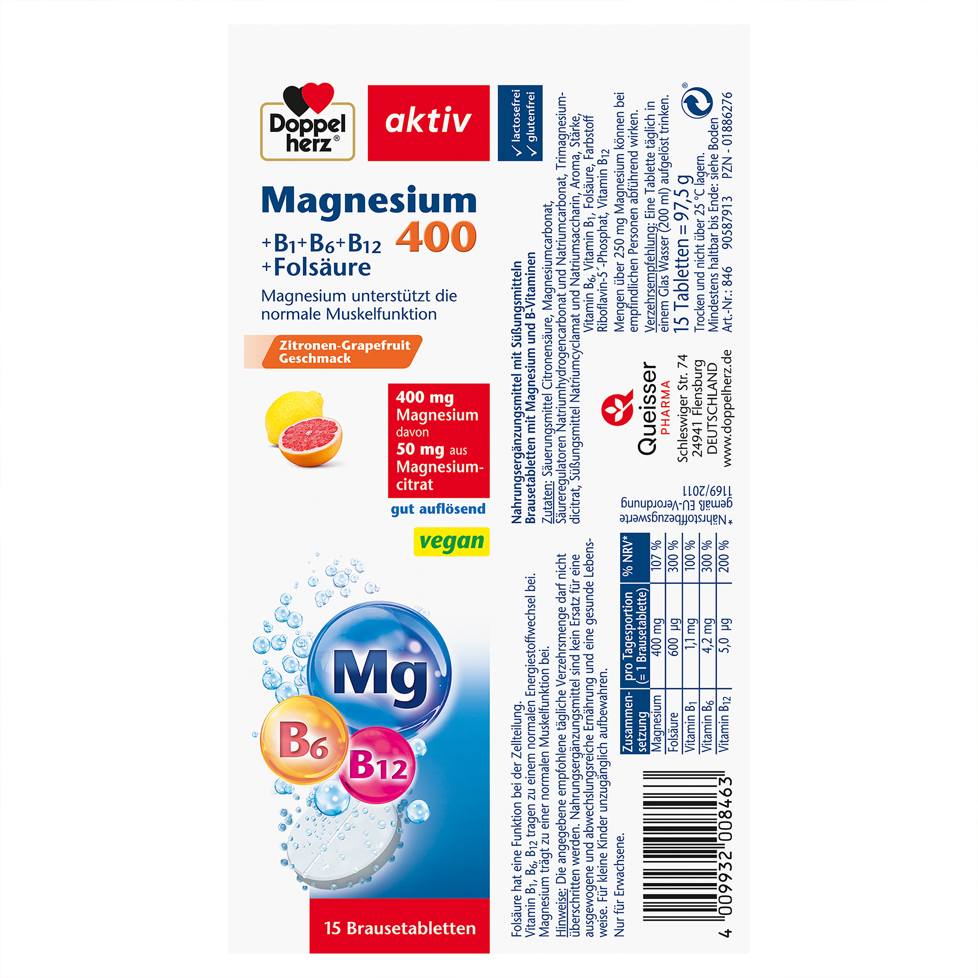 Doppelherz aktiv Magnesium 400 + B-Komplex, 15 Brausetabletten