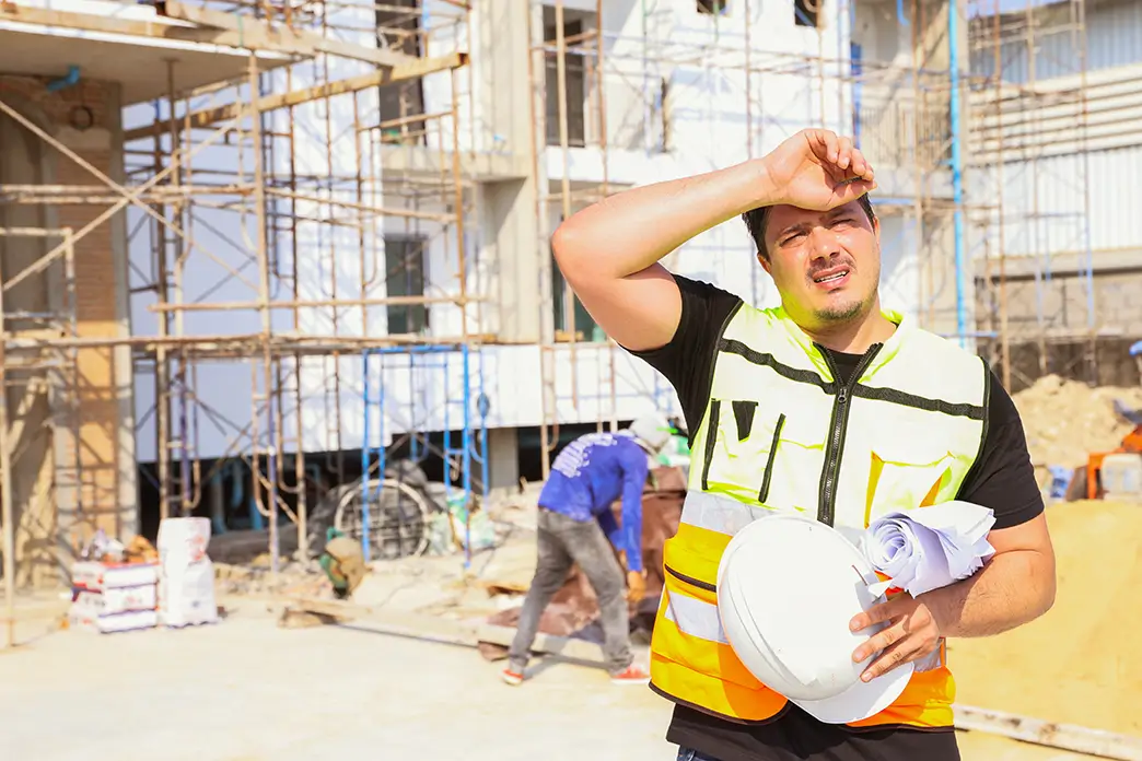 Ein Bauarbeiter wischt sich auf der Baustelle unter der Sommersonne den Schweiß von der Stirn